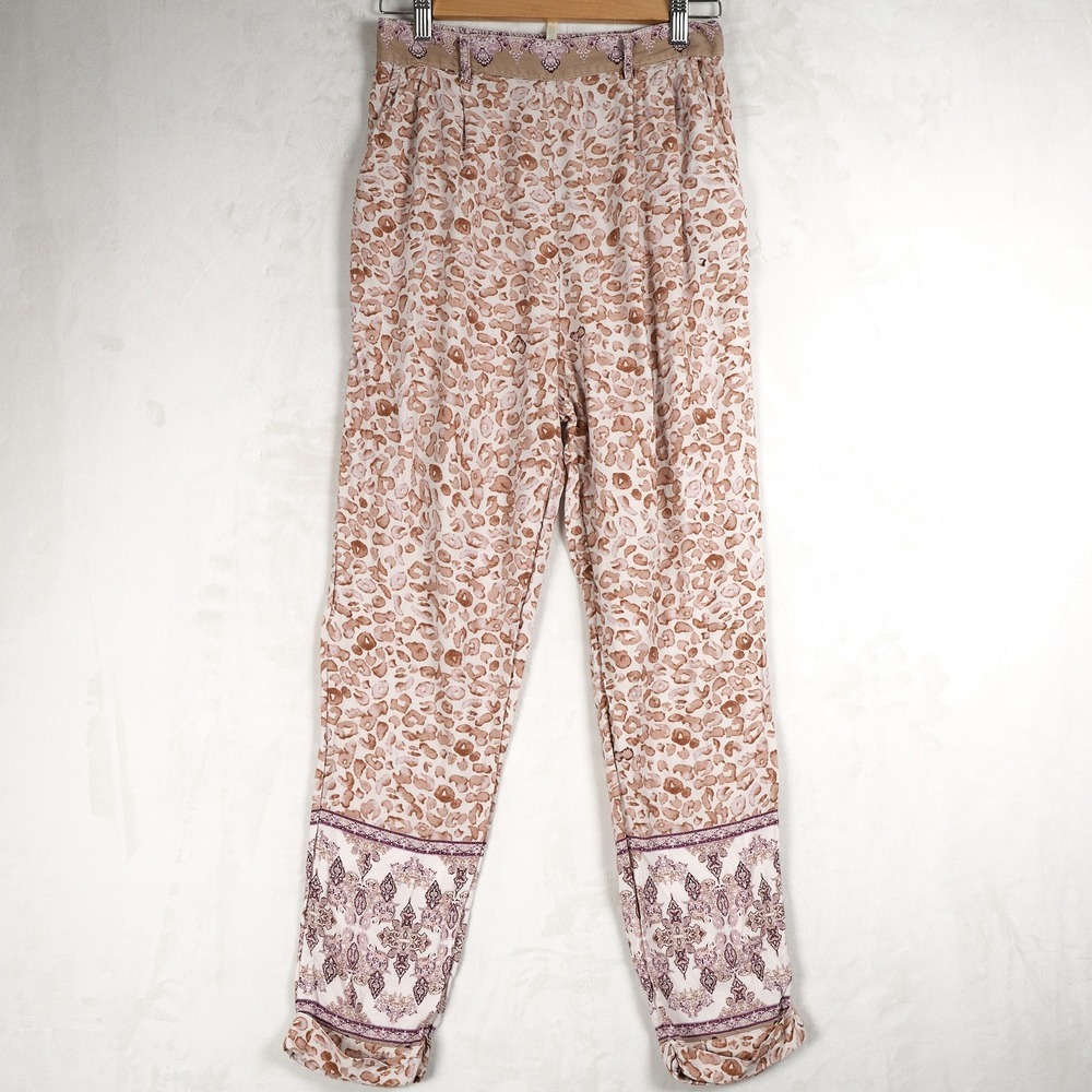 Ollari New York Womens Small Animal Print Boho Pants‎ Tan Pink Viscose